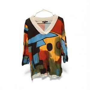 A.Z.I. Vibrant Abstract Colorful V-Neck Sweater Size Large